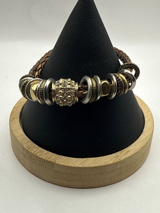 Unbranded Jewelry - Bisma Braided Leather Charm Bracelet Mixed Metal Two-Tone Crystal Boho